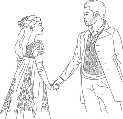 Romantic couple retro style line art coloring page, Vintage characters hand drawn vector illustration 