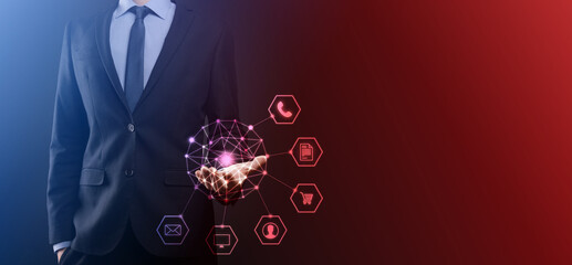 Business concept Close up of man using mobile smart phone and infographic icon of community technology digital.Concept of hi tech and big data. Toned image