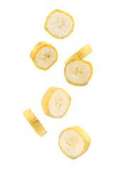 Flying fresh ripe banana slices isolated on white background