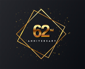 62nd anniversary logo with confetti and golden frame isolated on black background, vector design for greeting card and invitation card.