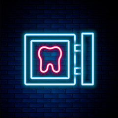 Glowing neon line Dental clinic location icon isolated on brick wall background. Colorful outline concept. Vector