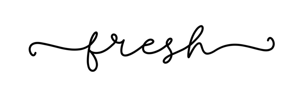 FRESH. Hand drawn lettering element for design for print on food, drink packaging, card, label. Inscription of the typographic text: fresh. Vector illustration. Fresh word sign on white background.