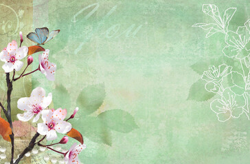 Light background with white flowers and green leave on a tree branch.