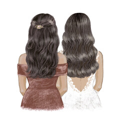 Bride and Bridesmaid, brunettes with tan skin. Hand drawn Illustration - 429409172