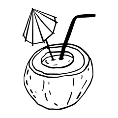 Coconut exotic cocktail vector hand drawn . Black outline drawing isolated on white background, summer beach