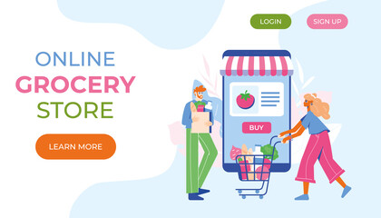 Online grocery store concept. Woman and man with groceries coming out of smartphone. Vector illustration. Landing page.