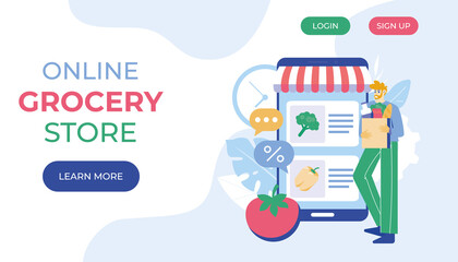 Online grocery store concept. Man with groceries coming out of smartphone. Trendy flat style. Vector illustration. Landing page.