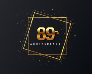 89th anniversary logo with confetti and golden frame isolated on black background, vector design for greeting card and invitation card.