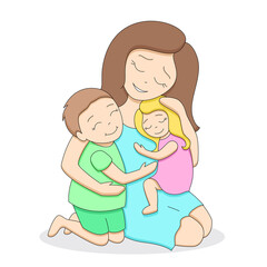 Loving tender mother with two cute happy children, teenage boy and little girl, hugging each other, pastel palette, isolated on white background, editable strokes, vector illustration