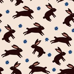 Cute  pattern with rabbits  or bunny and little blue flowers in  hand-drawn style. For textiles, wallpapers, designer paper, etc