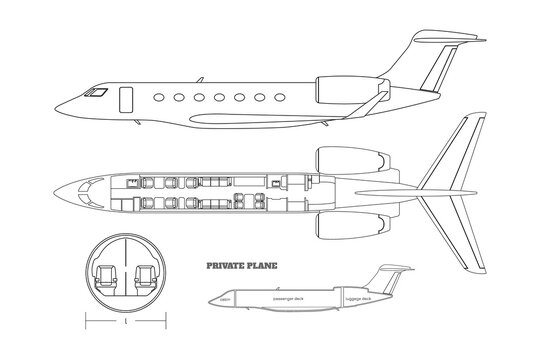 Outline private airplane bluteprint. Side and top view of business plane. Plane seats map. Drawing of commercial aircraft interior. Luxury jet industrial scheme. Passenger plan