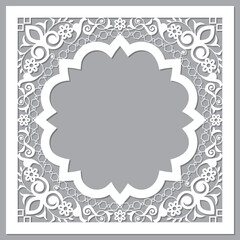 Moroccan carved style openwork vector arabic frame or border design with flowers and leaves - perfect for greeting card or wedding invitation in white and gray
