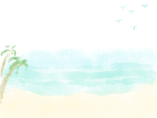 Fototapeta na wymiar 常夏アイランドのビーチと椰子の木をイメージした壁紙、水彩画のバカンスをイメージした背景