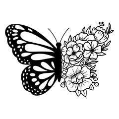 Floral butterfly. Flowers and butterfly. Outline drawing. Line vector illustration.  Isolated on white background. Design of invitations, wedding or greeting cards.