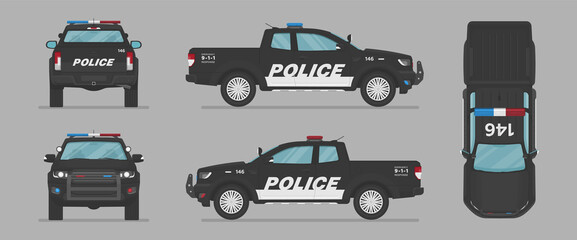 Vector pickup truck. American police car. Side view, front view, back view, top view. Cartoon flat illustration, auto for graphic and web © Rimsky