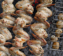 Barbecue with chicken wings. Close. Summer day