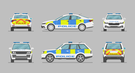 English police car. Side view, front view, back view. Cartoon flat illustration, auto for graphic and web © Rimsky