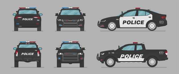 American police cars. Side view, front view, back view, top view. Cartoon flat illustration, auto for graphic and web © Rimsky