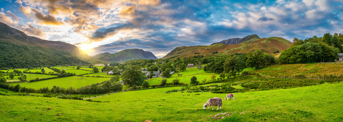 Buttermete village panorama at sunset. Lake District. Cumbria. UK