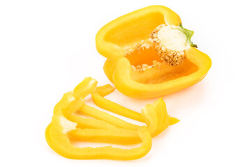 Naklejka na ściany i meble Sliced half of yellow bell pepper and sliced strips on white background, isolated