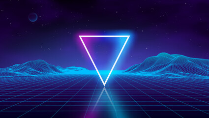 Retro futuristic background for game. Music 3d dance galaxy poster. 80s background disco. Neon triangle synthwave digital wireframe landscape with palms. Space vector.