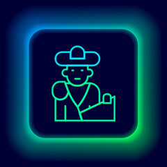 Glowing neon line Spain bullfight, matador icon isolated on black background. Traditional Spanish entertainment. Colorful outline concept. Vector