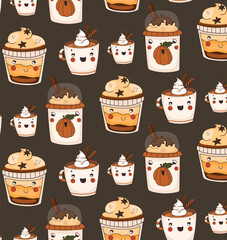 Seamless pattern with cozy coffee pattern with cute faces. Vector illustration.