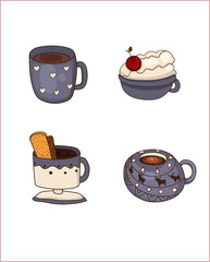 Vector illustration of Special tastes of coffee, tea, drinks in beautiful, sophisticated mugs.