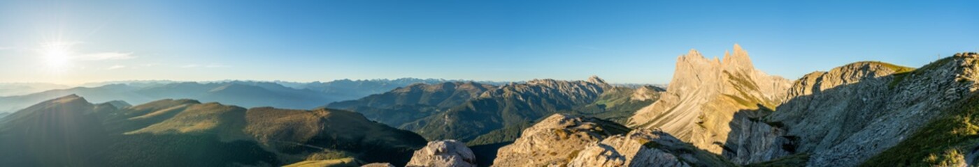 Panorama of Seceda peaks. Trentino Alto Adige, Dolomites Alps, South Tyrol, Italy