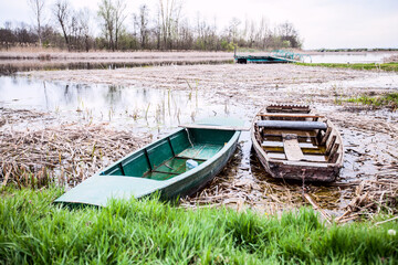 Naklejka na ściany i meble Old rowing wooden boats at lake. Beautiful nature landscape. Nature reserve. Spring day