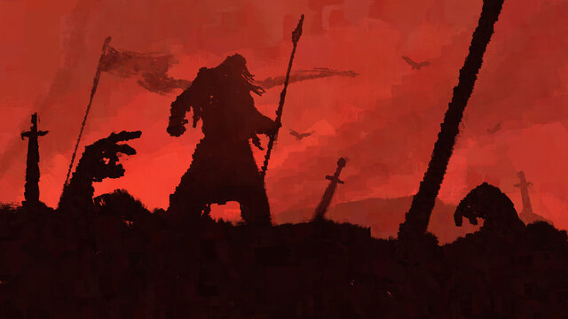 The battle is over. defeated warriors surround the last surviving Viking, standing with a spear against the bloody sky. The weapon is stuck in the ground. Smoke rises into the sky. 2D illustration. 