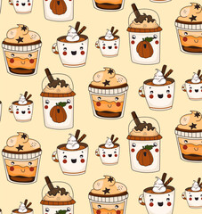 Seamless pattern with cozy coffee pattern with cute faces. Vector illustration.