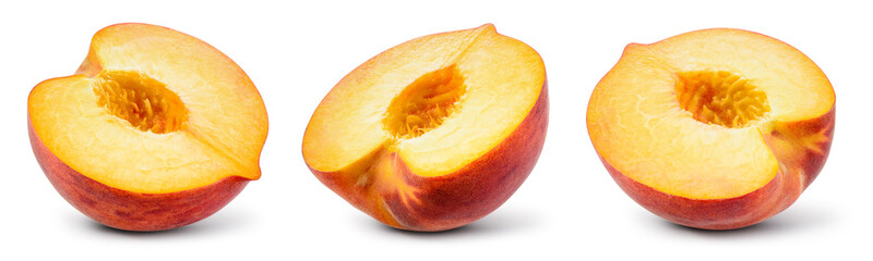 Peach half isolated. Peach slice set on white background. Peaches half collection. With clipping...