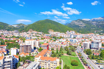 Obraz premium Budva City in Montenegro Aerial View . Panorama of Coastal city of Adriatic Sea In Montenegro