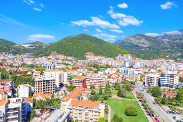 Budva City in Montenegro Aerial View  . Panorama of Coastal city of Adriatic Sea In Montenegro