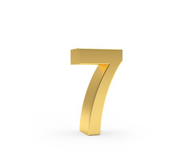 Number seven is made of gold metal on a white background. 3d illustration 