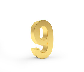 Number nine is made of gold metal on a white background. 3d illustration 