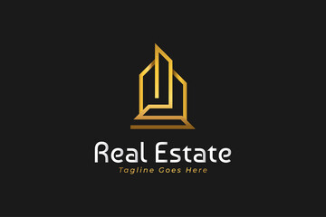 Gold Real Estate Logo in Line Style and Abstract Concept. Construction, Architecture or Building Logo Design Template