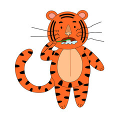tiger brushing his teeth, cute animal. the idea of a character for a greeting card, a children is wall painting.