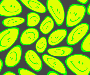 Lime green warped happy faces pattern. Seamless Vector - 429415167