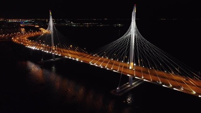 Yacht cable-stayed bridge in the evening in St. Petersburg