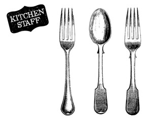 Kitchen staff set. Silverware. Vintage spoon, knife and fork. Utensils set.  Vector collection hand drawn illustration with kitchen tools. Chef and cooking ware, cooking stuff for menu decoration.