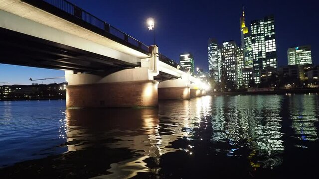 View over the river Main  to the business centre of the city Frankfurt, July 2019