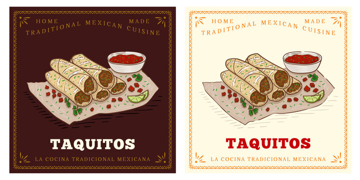 Mexican food dish taquito with sauce illustration