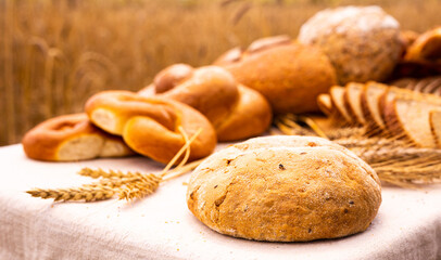 lot of different flavored bread, wheat, rye, on the table in the field outside