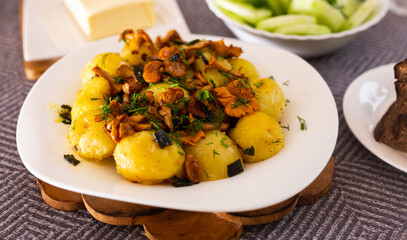 rustic dish. fried potatoes with chanterelle mushrooms with herbs