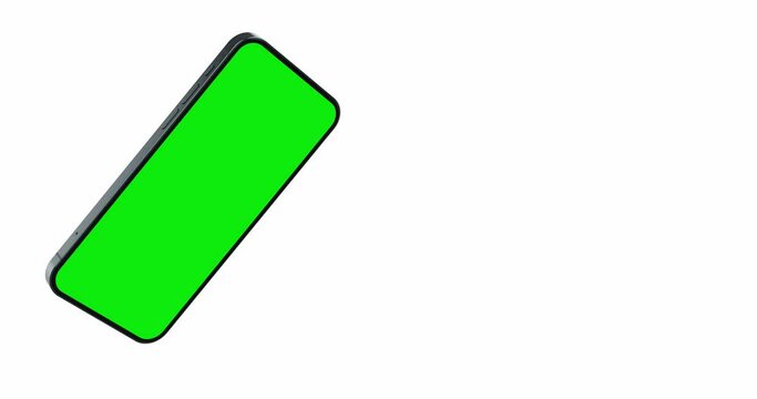 Smartphone blank green screen with indicators slide into the camera frame. The phone flies to the left and to the center in horizontal mode. Alpha matte included for easy replacing background	
