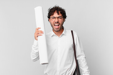 architect shouting aggressively, looking very angry, frustrated, outraged or annoyed, screaming no