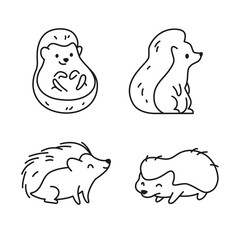 Set of cute funny little hedgehog icons isolated on white background. For tags, stickers, patterns, banners. Vector outline flat illustration.