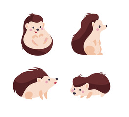 Collection of cute funny little hedgehogs smiling isolated on white background. Vector flat cartoon illustration. For stickers, nursery decor, banners etc.
